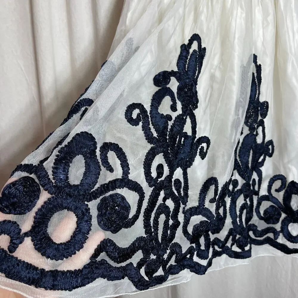 American Princess Satin Cream Textured Navy Blue Girls Sz 10